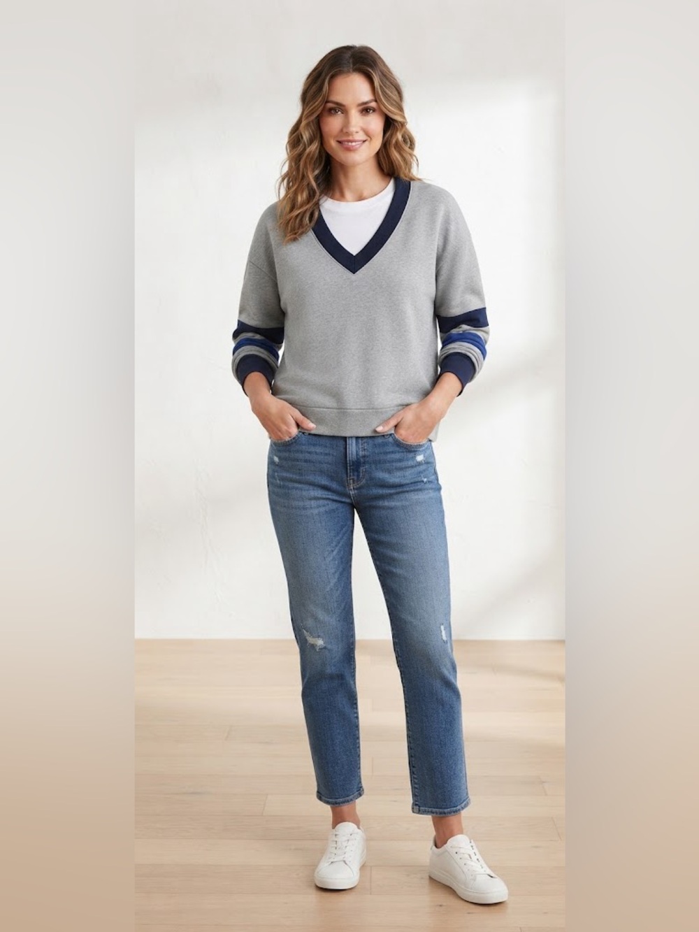 Evereve women’s V-Neck Grey Sweater with Navy Stripes